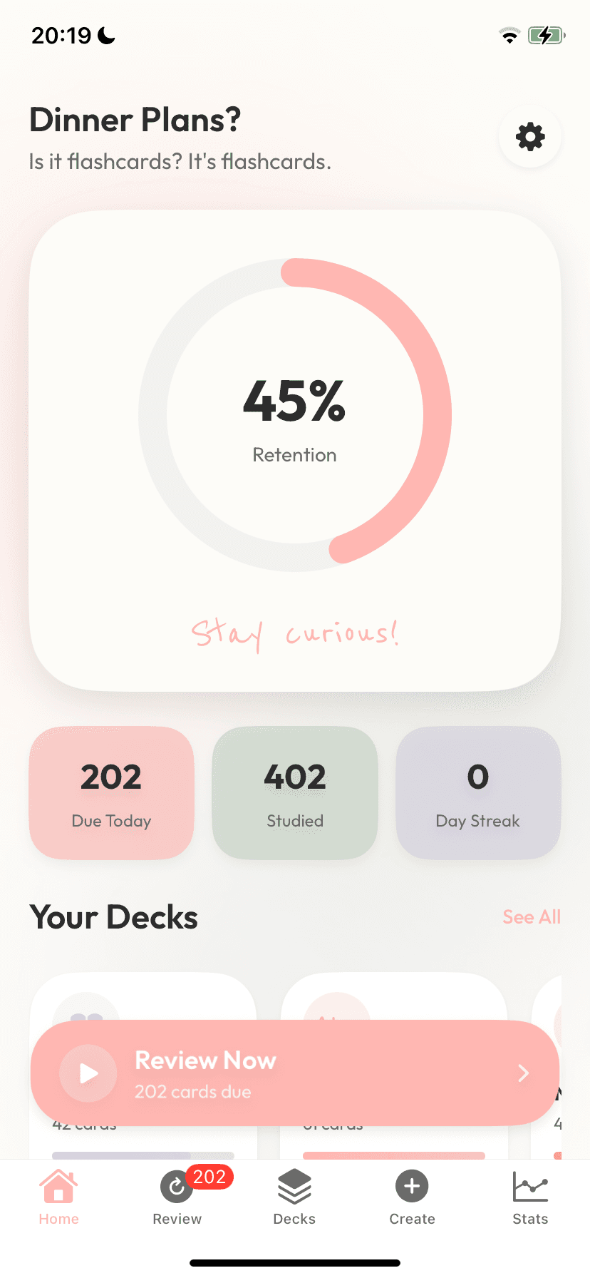 Imprimo home dashboard showing 45% retention, 202 cards due today, and a Review Now button